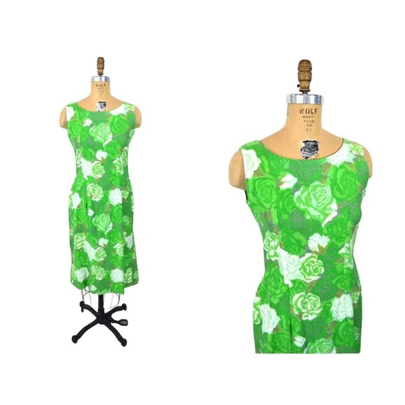 Vintage 1960s Roses Dress Bright Green Floral Print Shift | W 30" - Picture 2 of 5